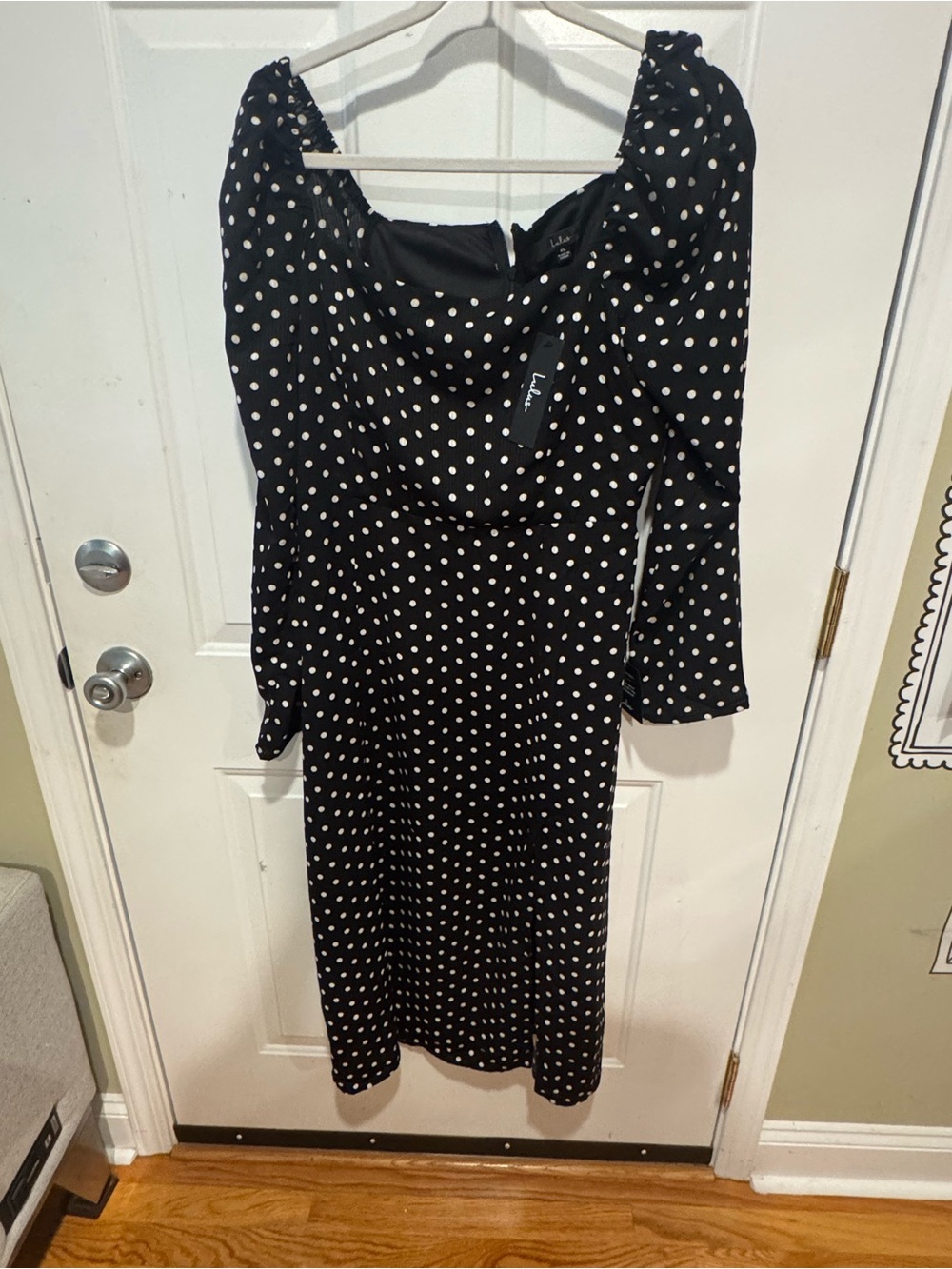 Black Polka Dot Midi Dress with Puff Sleeves